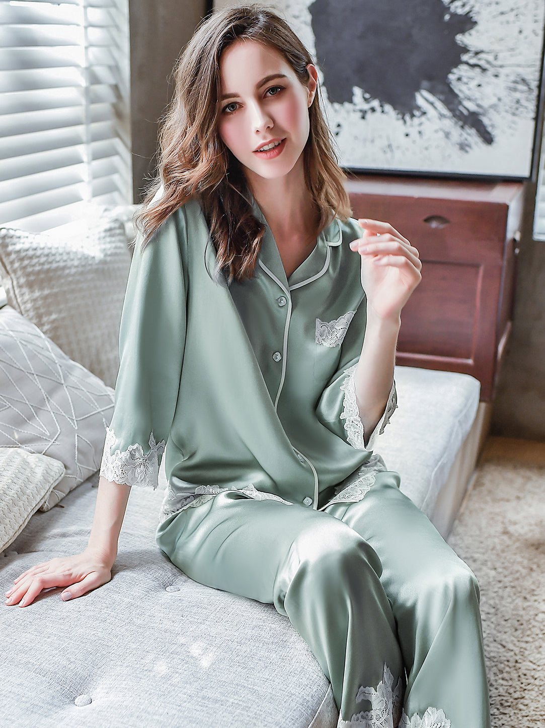 Classic Grace Silk Pajamas long-sleeved Pjs Set 2pcs