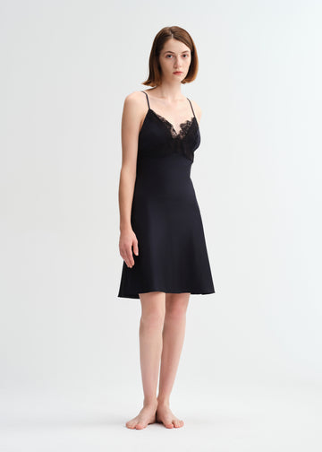 Midnight Lace Spaghetti Strap Short Silk Nightgown/Dress