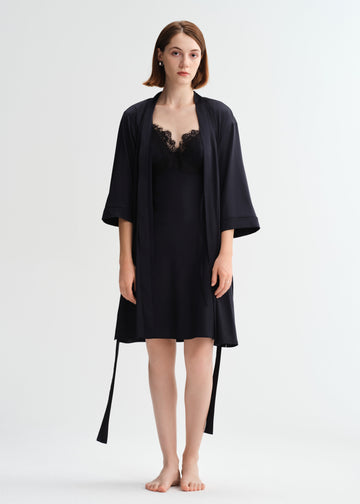 Mystic Noir Lace Silk Robe camisole Pjs Set 2pcs