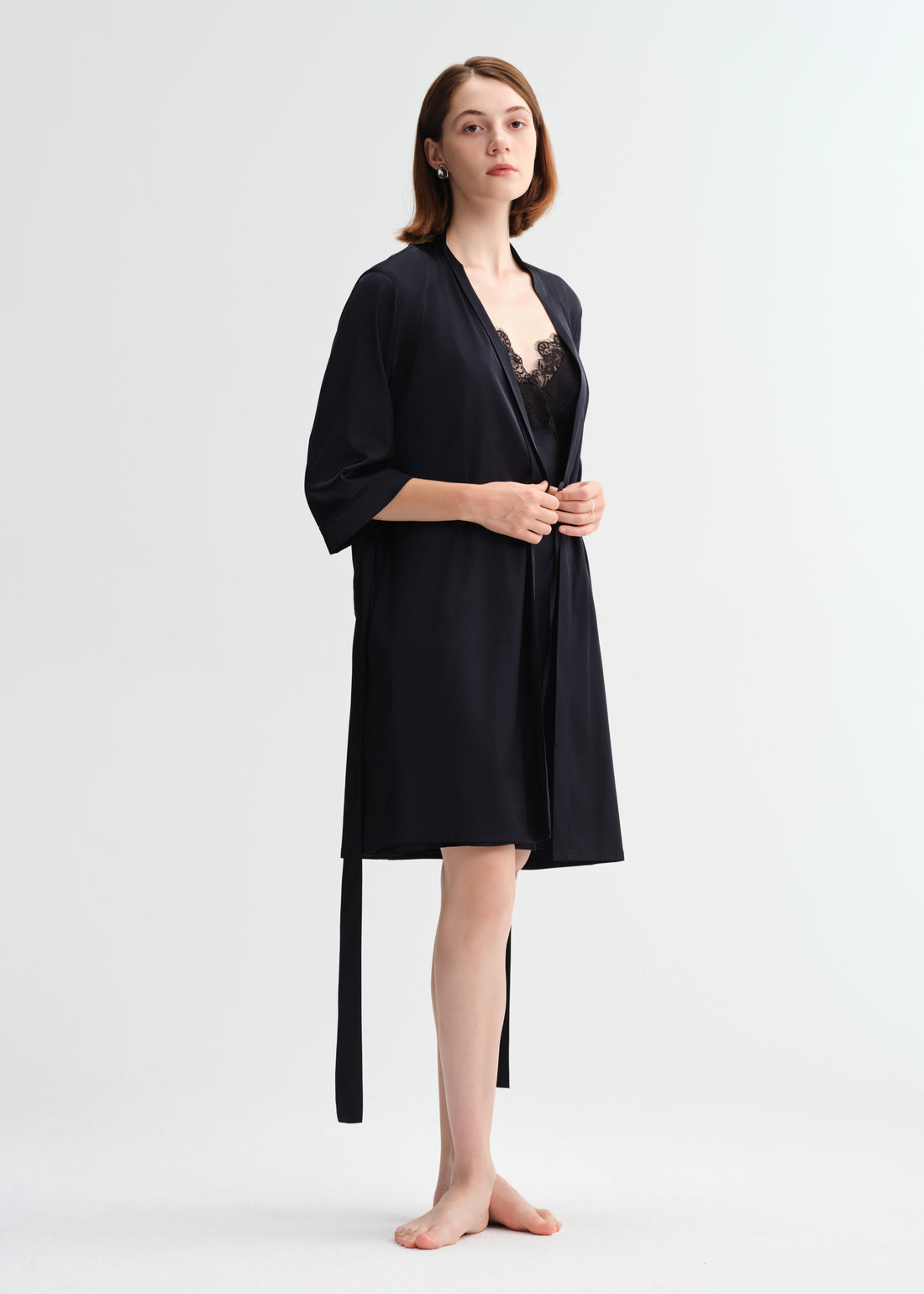 Mystic Noir Lace Silk Robe camisole Pjs Set 2pcs