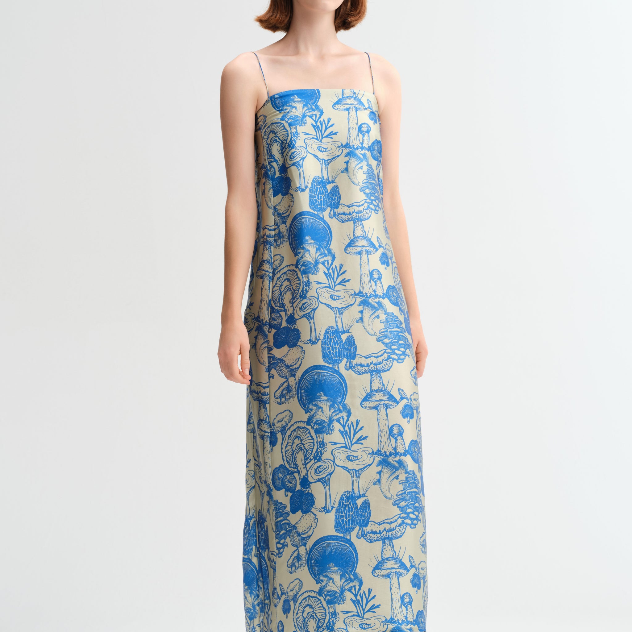 Botanical Blue Spaghetti Strap Long Silk Nightgown/Dress