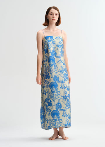 Botanical Blue Spaghetti Strap Long Silk Nightgown/Dress