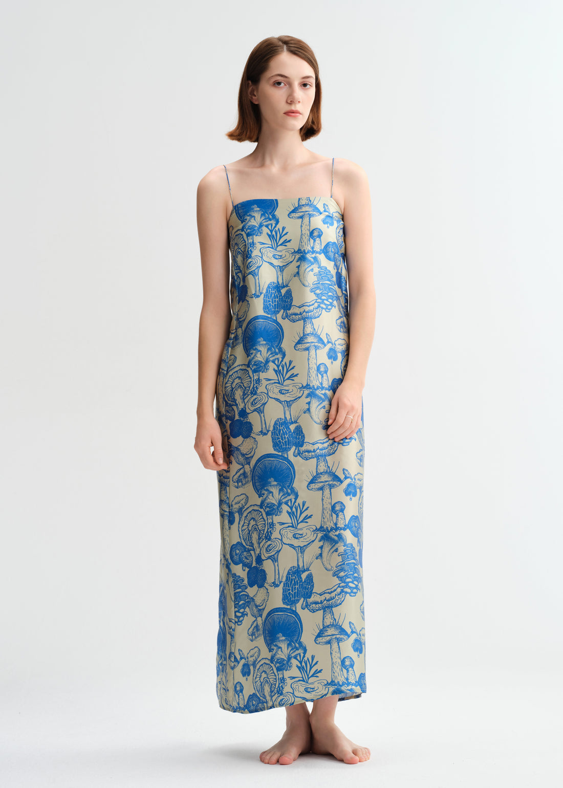 Botanical Blue Spaghetti Strap Long Silk Nightgown/Dress