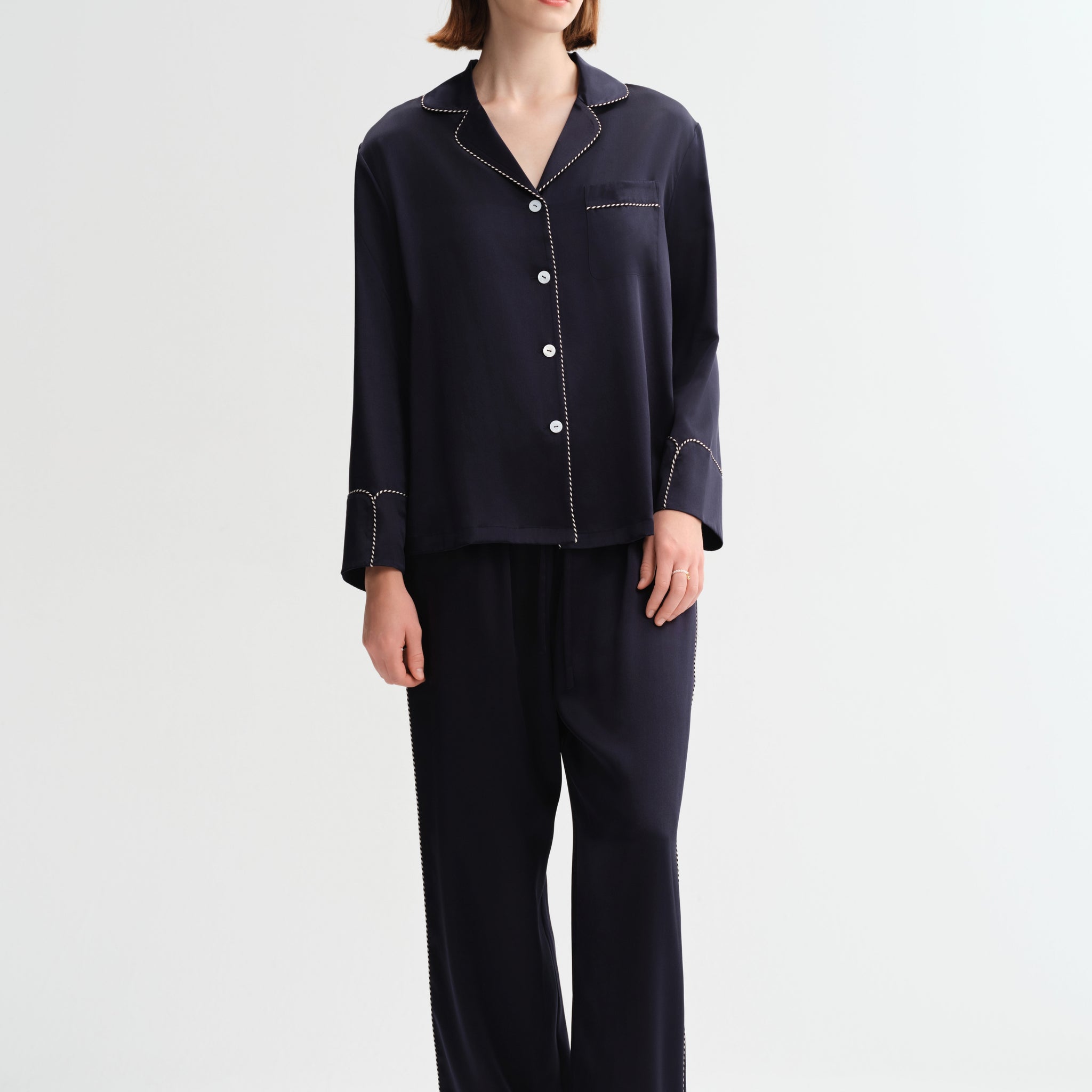 Midnight Navy Trim Silk Silk Pajamas long-sleeved Pjs Set 2Pcs