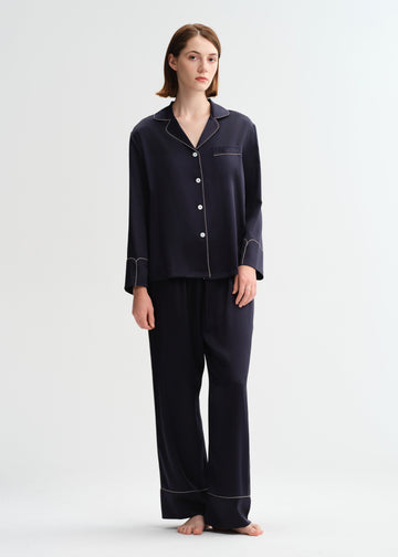Midnight Navy Trim Silk Silk Pajamas long-sleeved Pjs Set 2Pcs