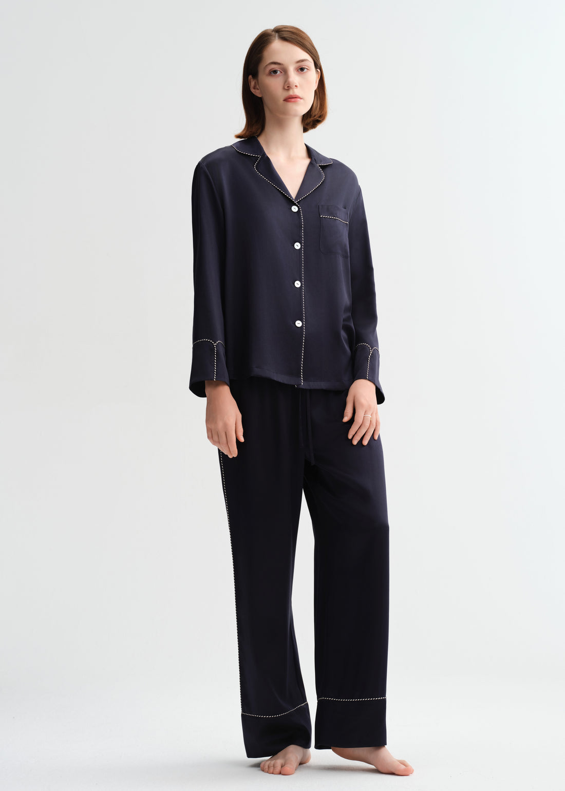 Midnight Navy Trim Silk Silk Pajamas long-sleeved Pjs Set 2Pcs