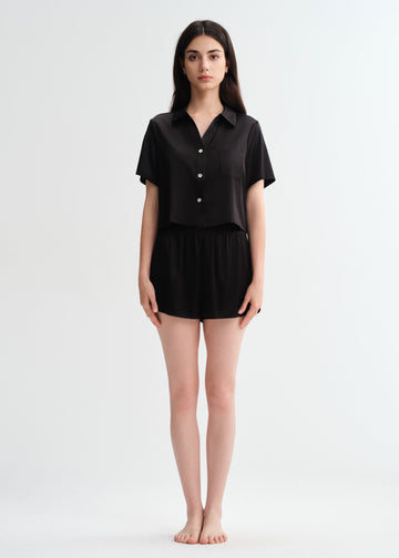 Black Silk V-neck Silk Pajamas Short Pjs 2Pcs