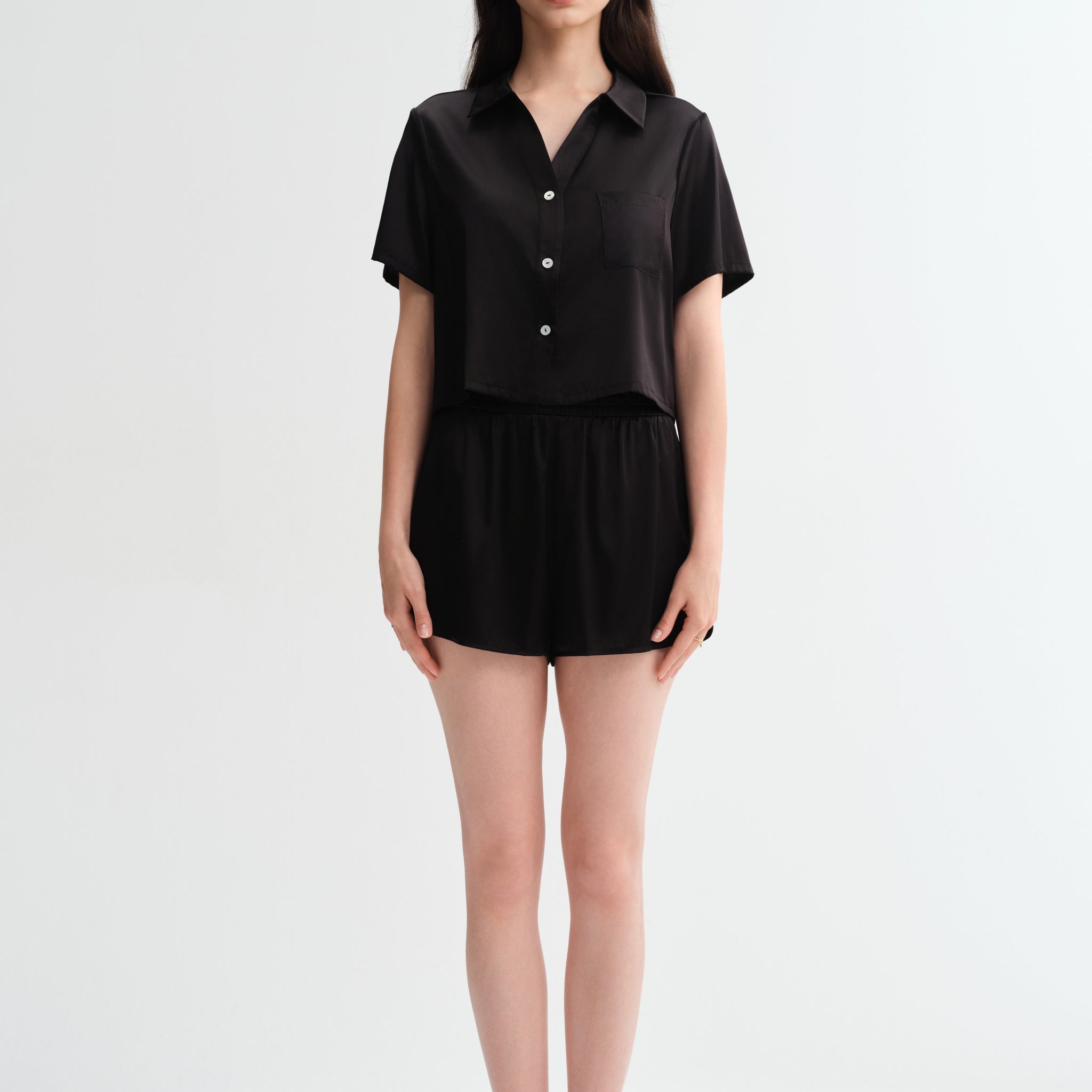 Black Short Pajama Silk Pajamas Short Pjs 2Pcs