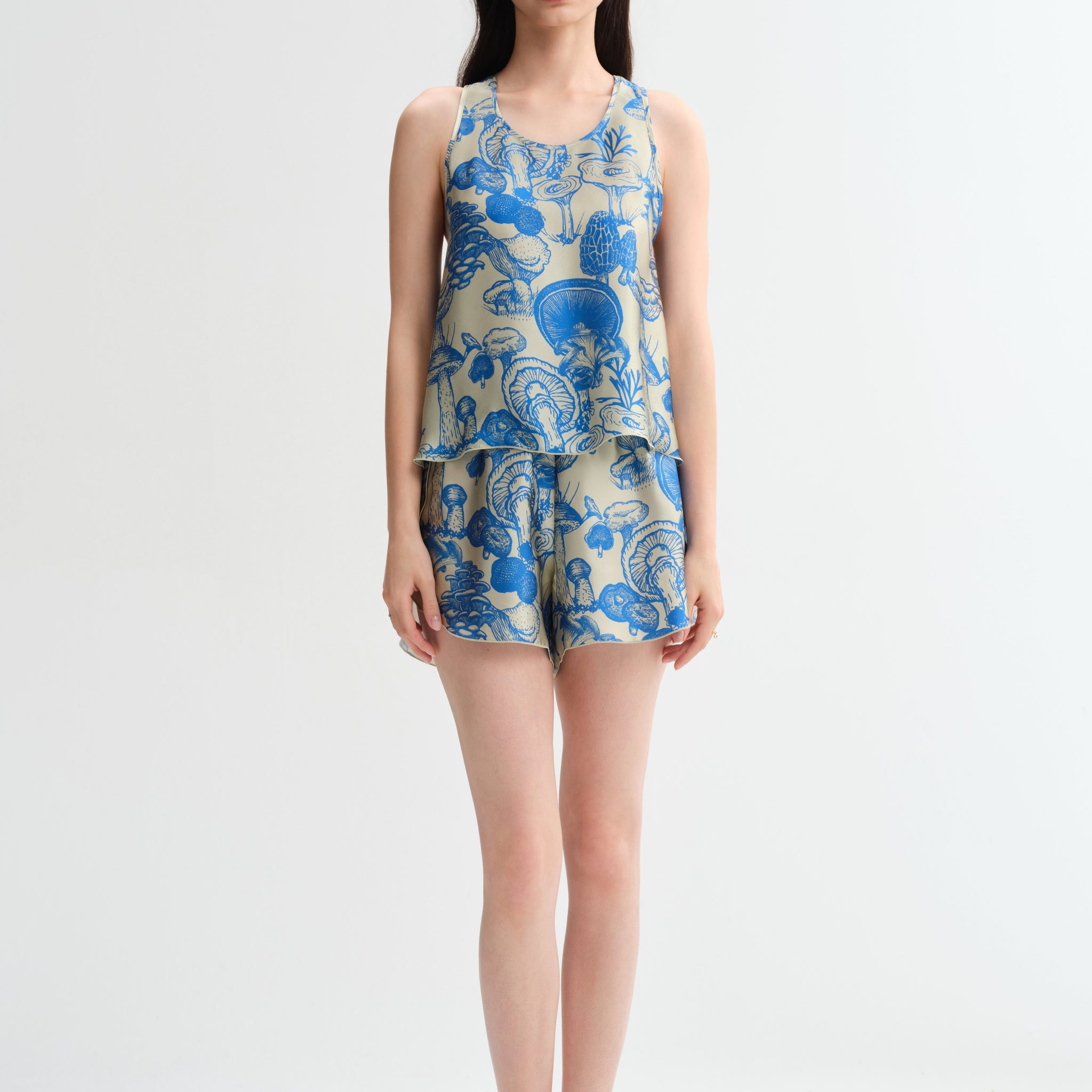 Botanical Blue Silk Silk Robe camisole Pjs Set 2Pcs