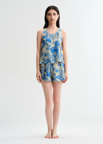 Botanical Blue Silk Silk Robe camisole Pjs Set 2Pcs