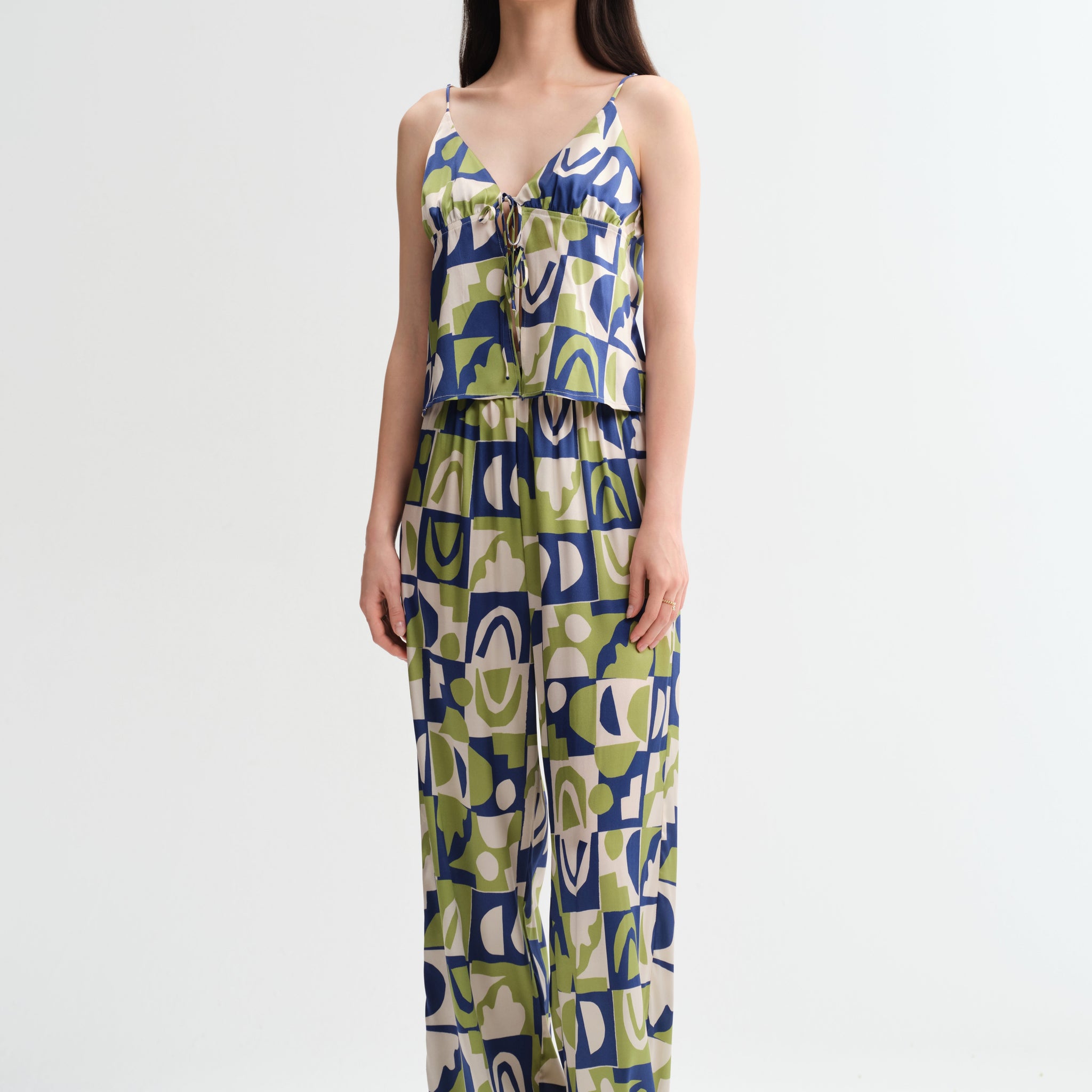 Geometric printed suspender pantsuit