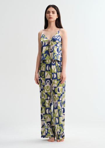 Geometric printed suspender pantsuit