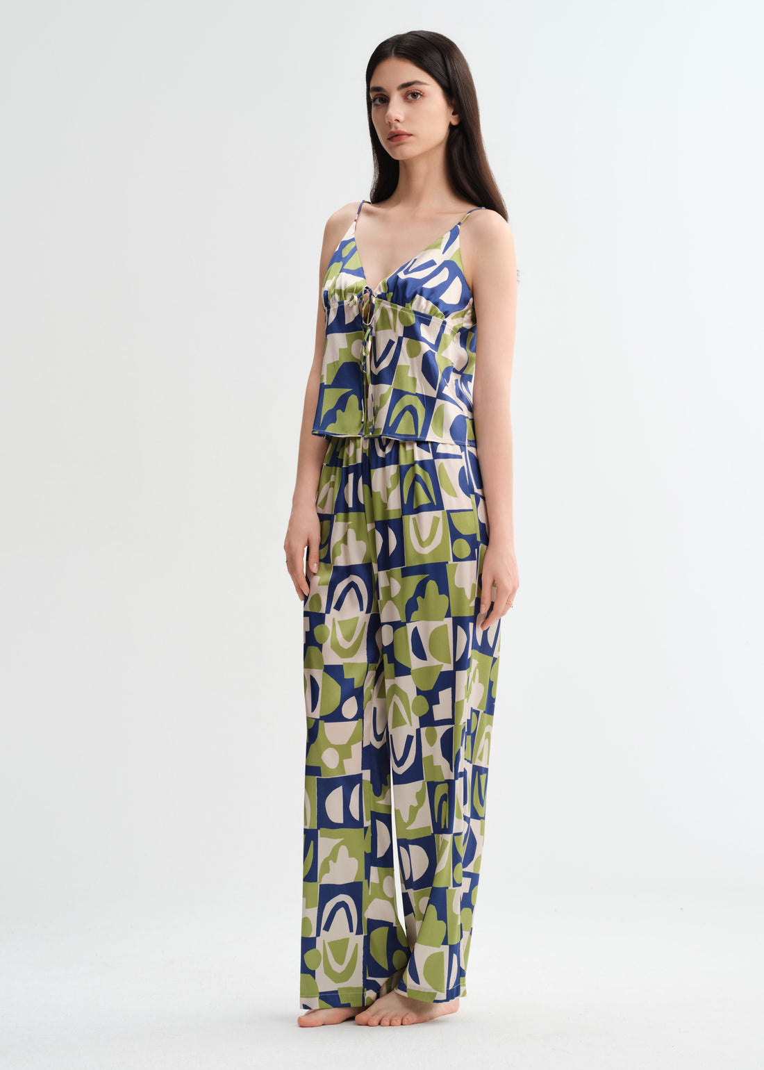 Geometric printed suspender pantsuit
