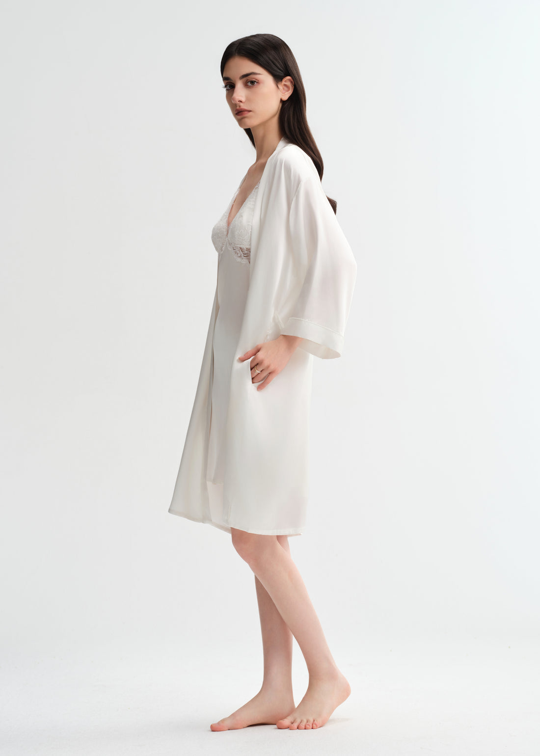 Delicate Lace Silk Robe camisole Pjs Set 2pcs