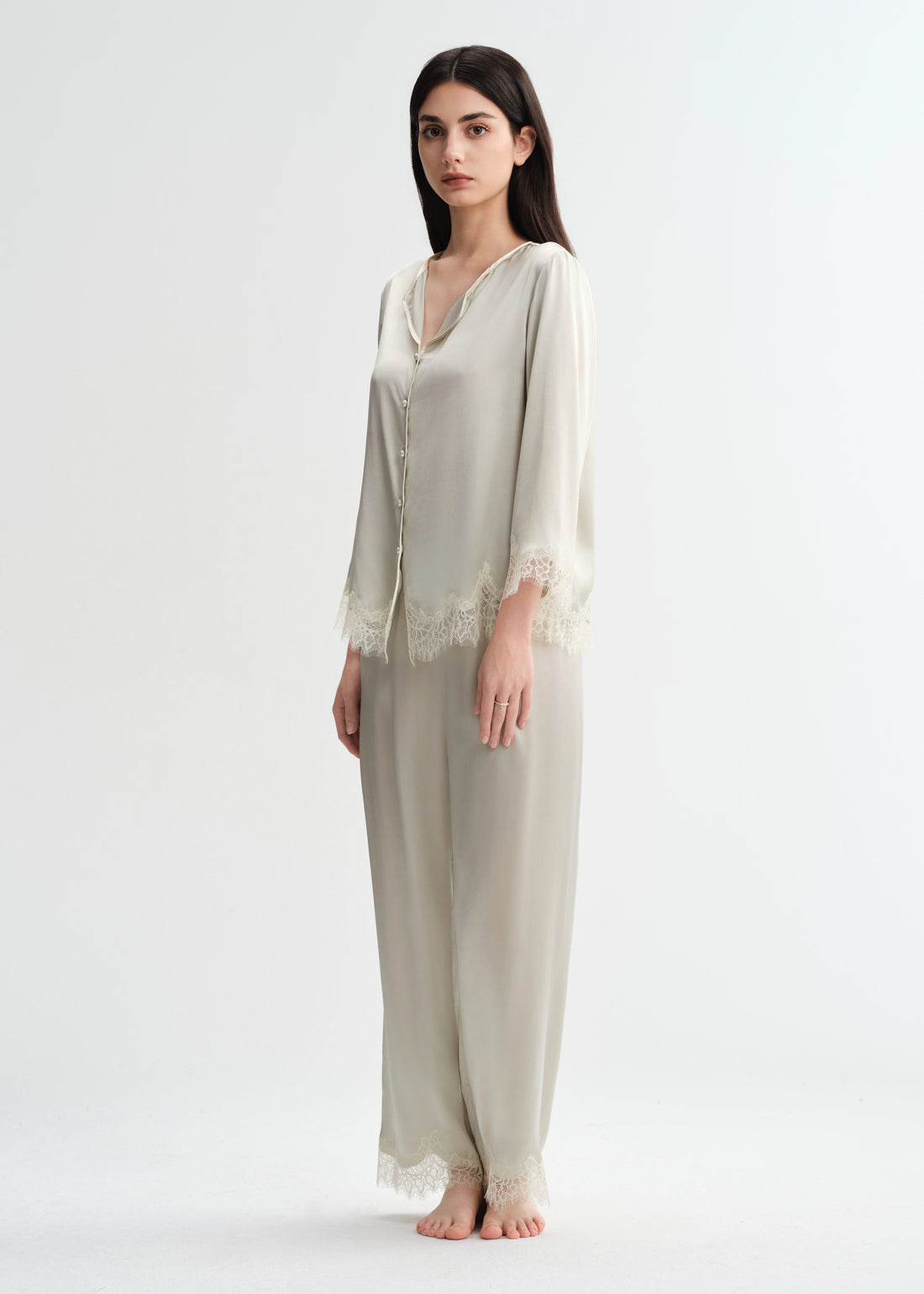 Lace Trim Silk Pajama Set