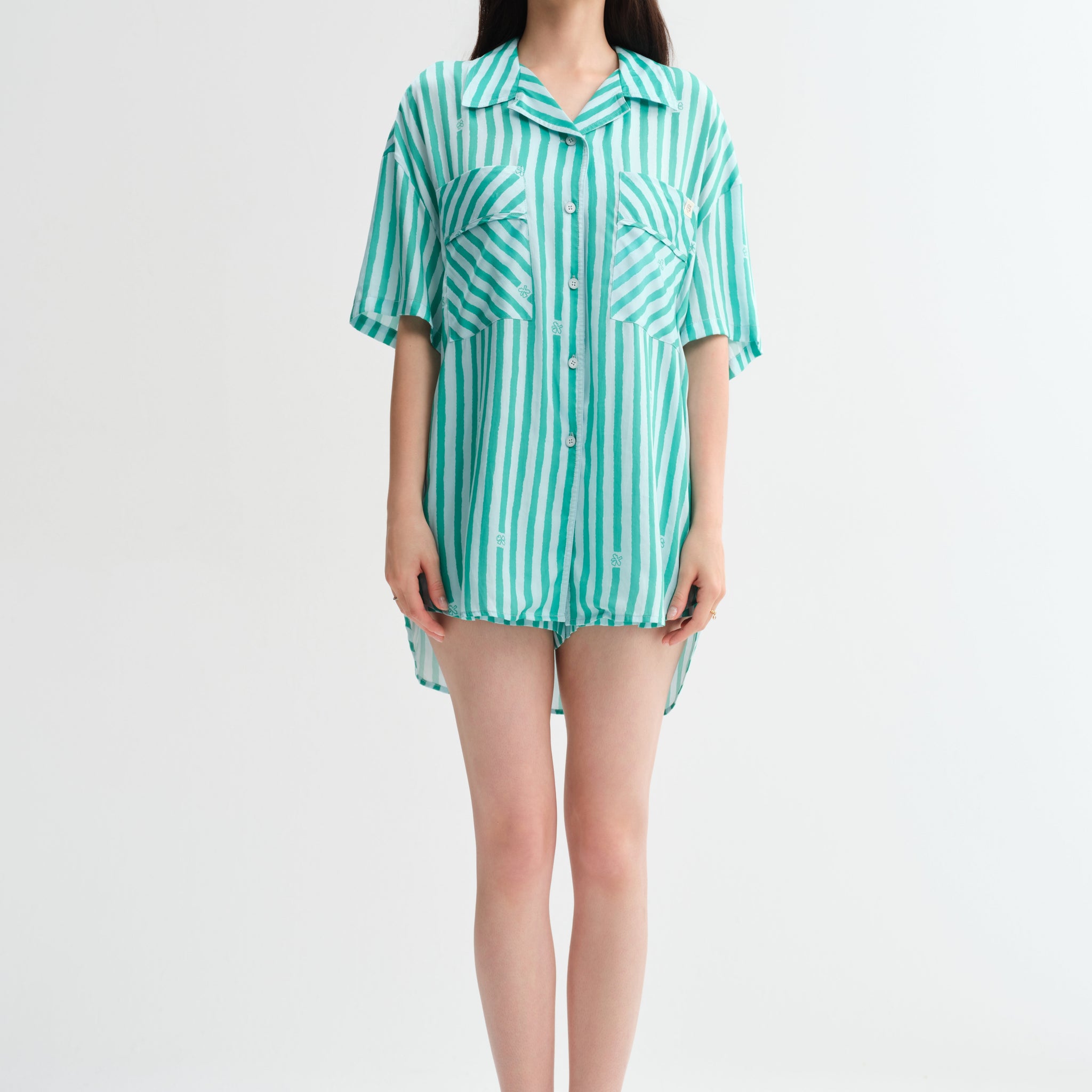 Green Stripe Shorts Set