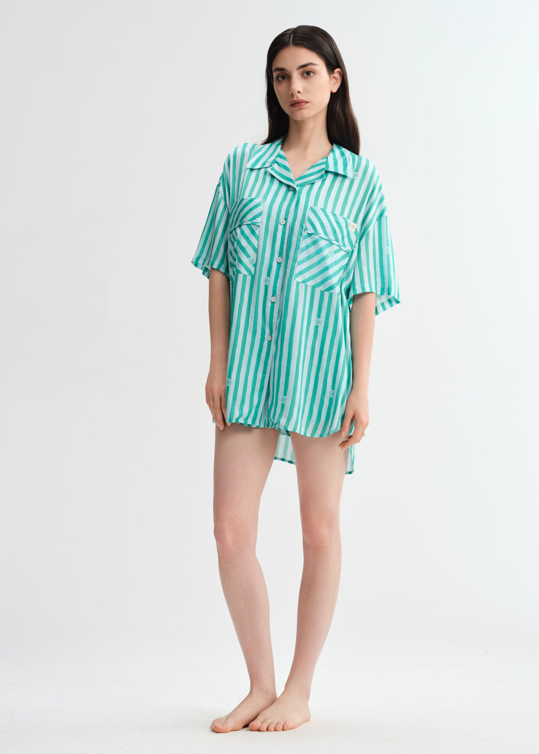 Green Stripe Shorts Set
