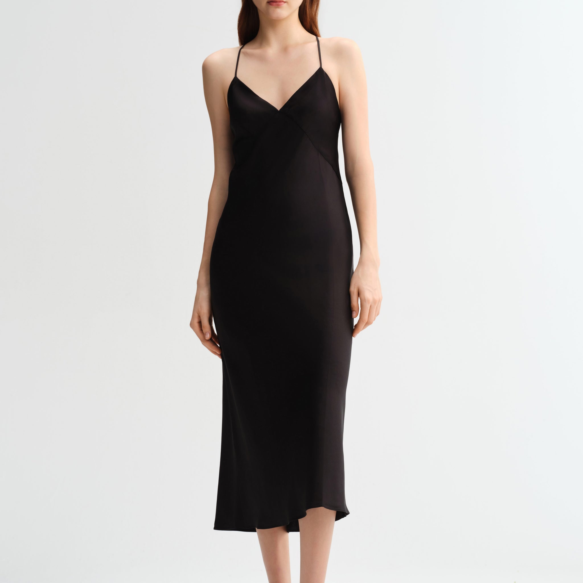 Midnight Elegance V-Neck Spaghetti Strap Long Silk Nightgown/Dress