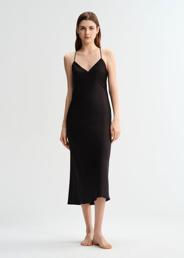 Midnight Elegance V-Neck Spaghetti Strap Long Silk Nightgown/Dress