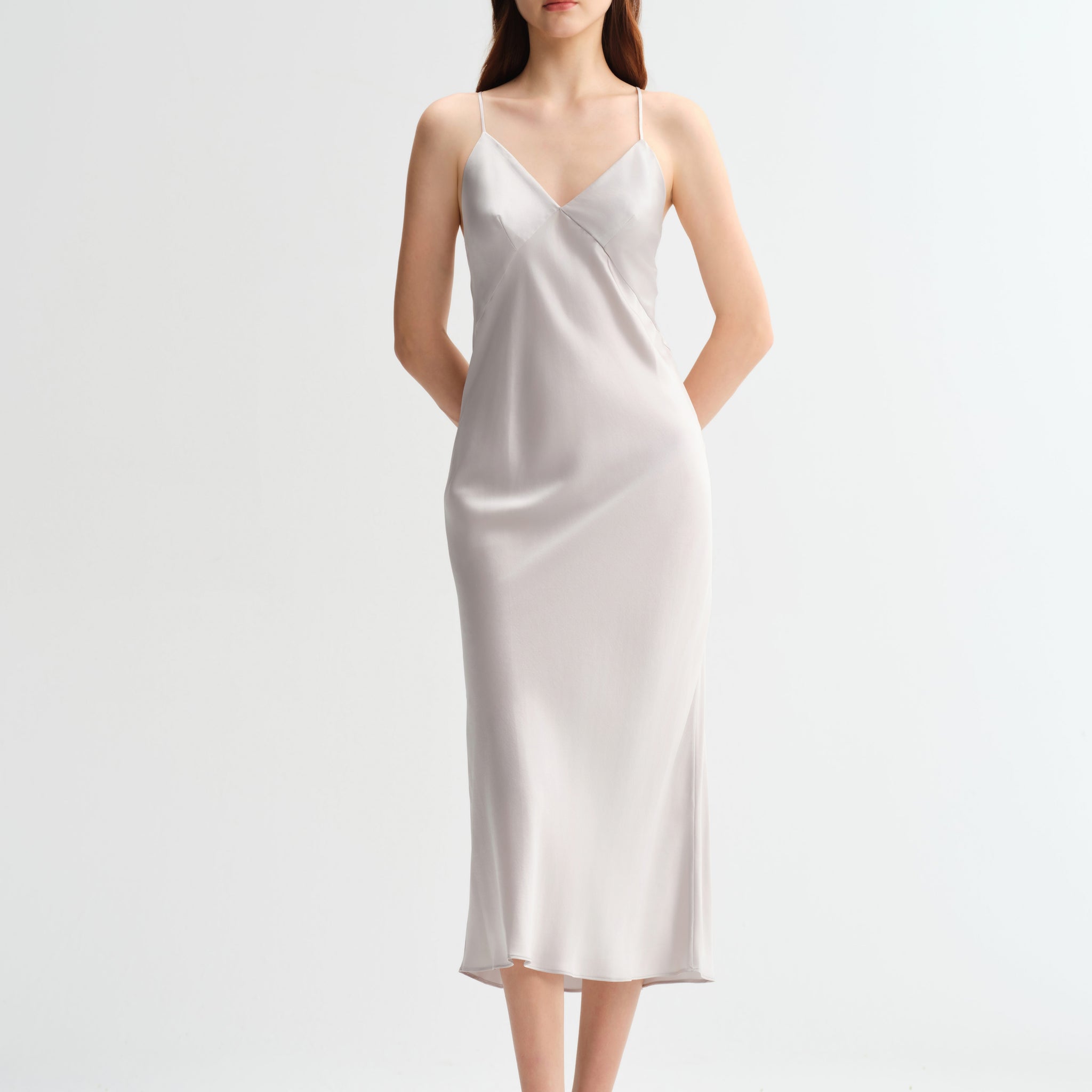 Moonlit Silver Spaghetti Strap Long Silk Nightgown/Dress