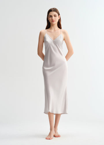 Moonlit Silver Spaghetti Strap Long Silk Nightgown/Dress
