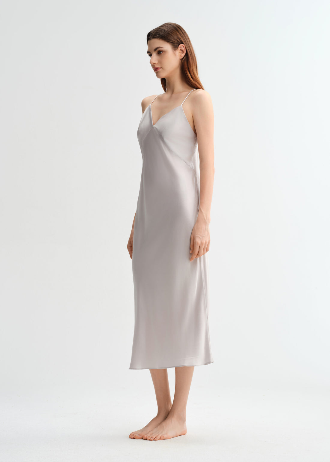Moonlit Silver Spaghetti Strap Long Silk Nightgown/Dress