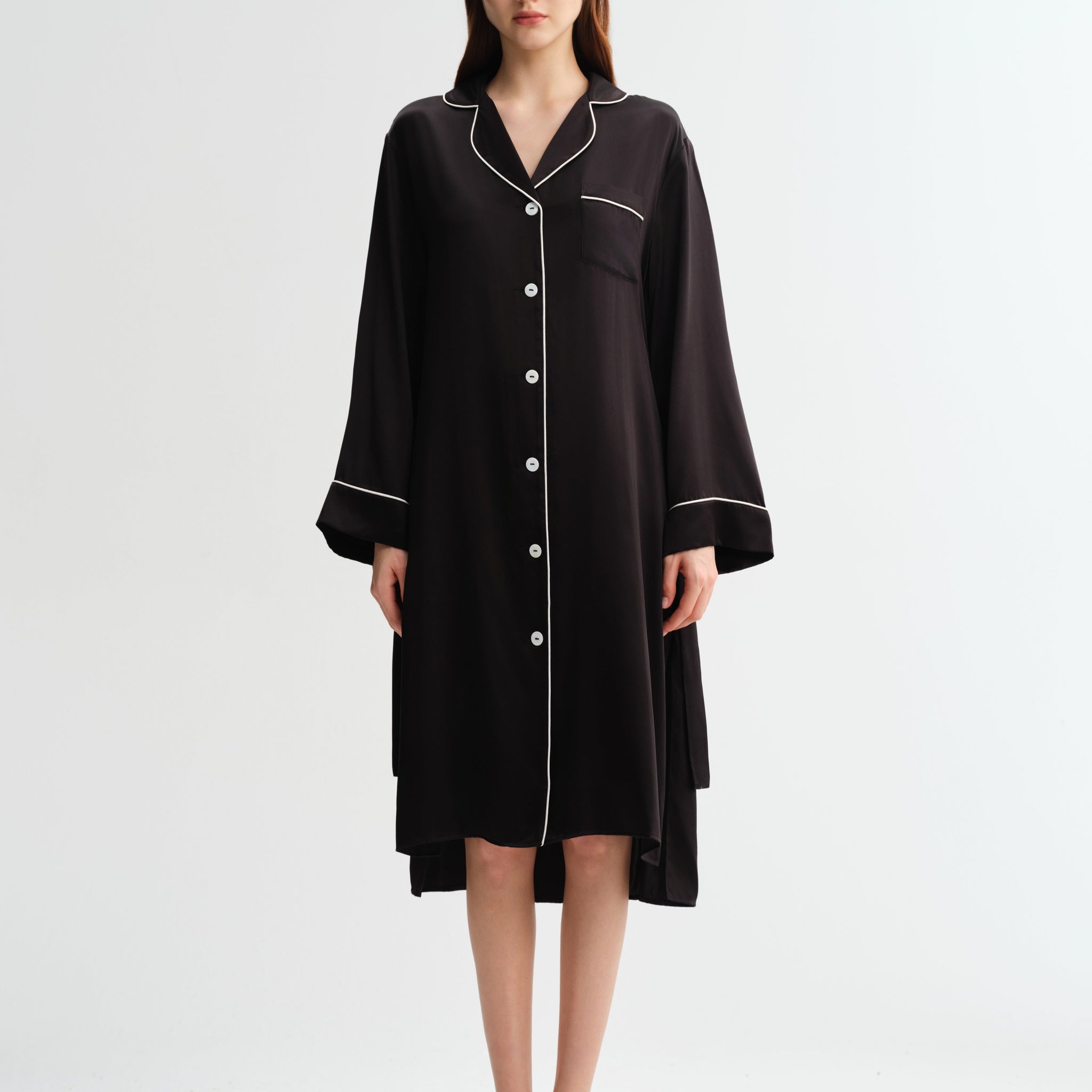 Classic Black Button-Down Silk Long Sleeve Nightshirt