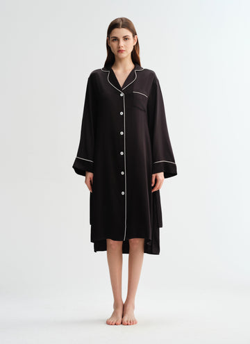 Classic Black Button-Down Silk Long Sleeve Nightshirt