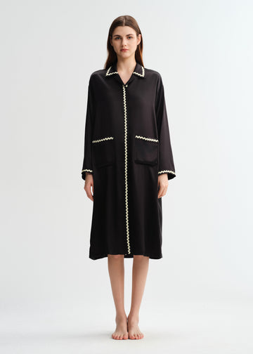 Black and White Piping Silk Long Sleeve Nightshirt