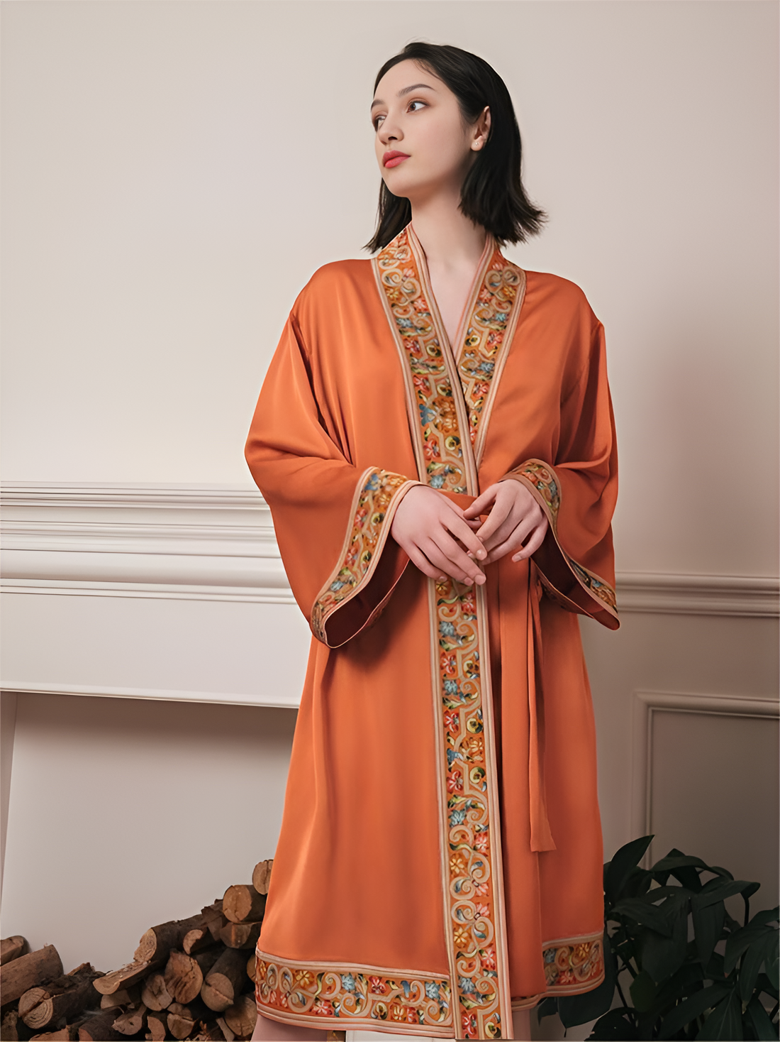 Radiant Blossom Silk Belted Wrap Womens Robe