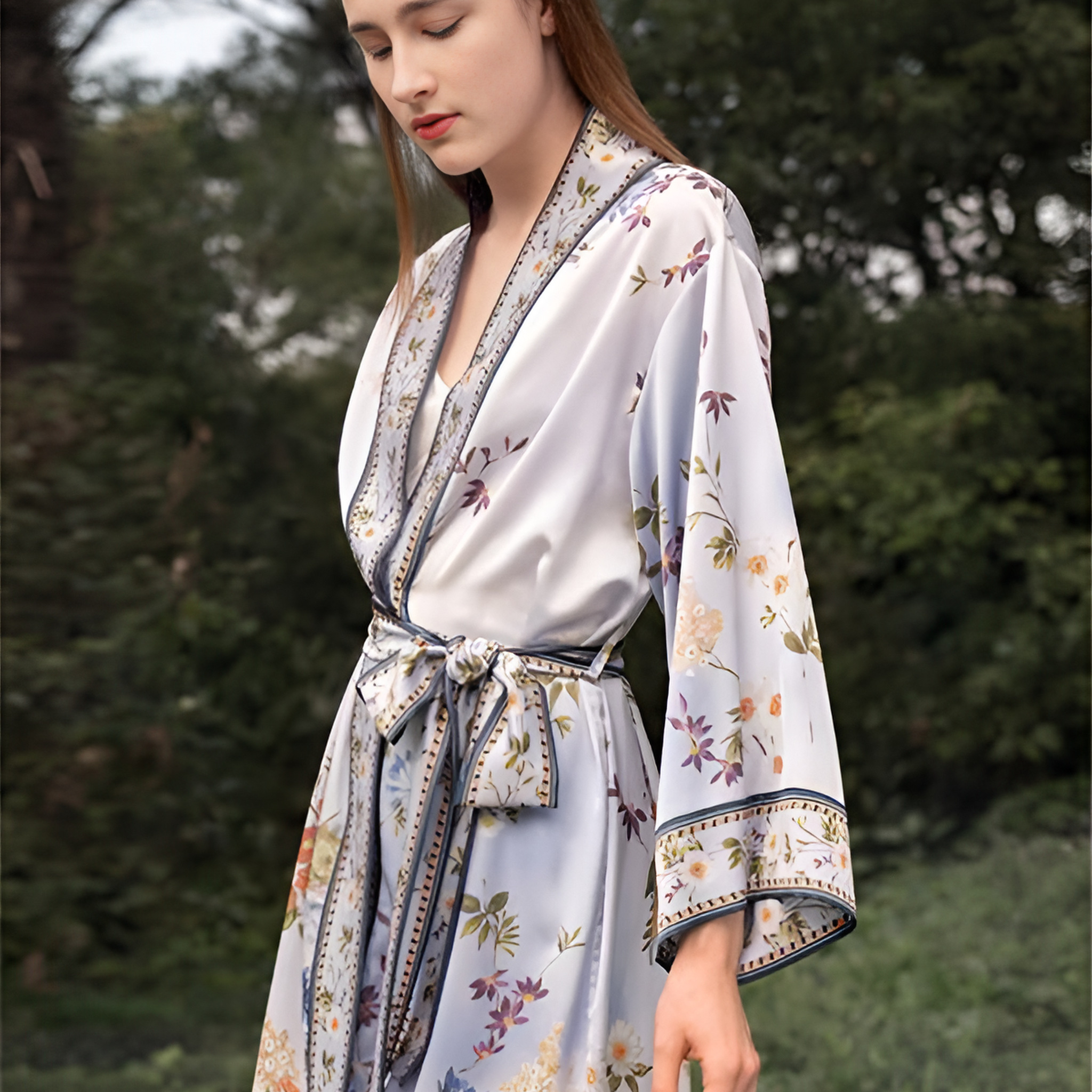 Tranquil Meadow Silk Belted Wrap Womens Robe