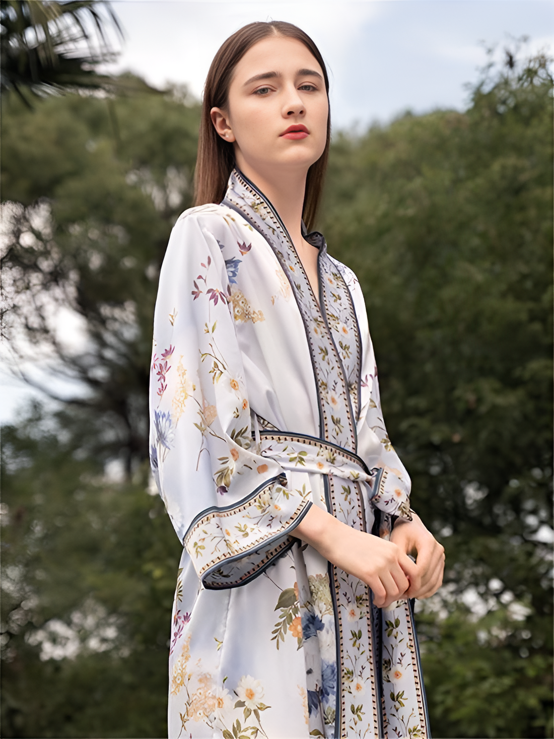 Tranquil Meadow Silk Belted Wrap Womens Robe