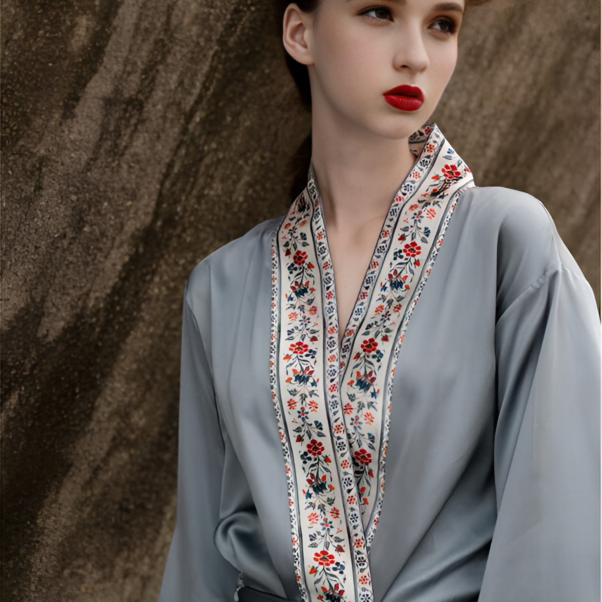 Ashen Grace Embroidered Silk Belted Wrap Womens Robe