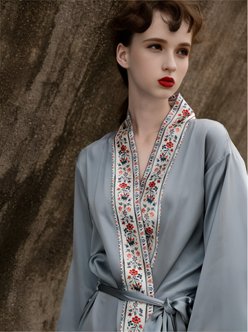 Ashen Grace Embroidered Silk Belted Wrap Womens Robe