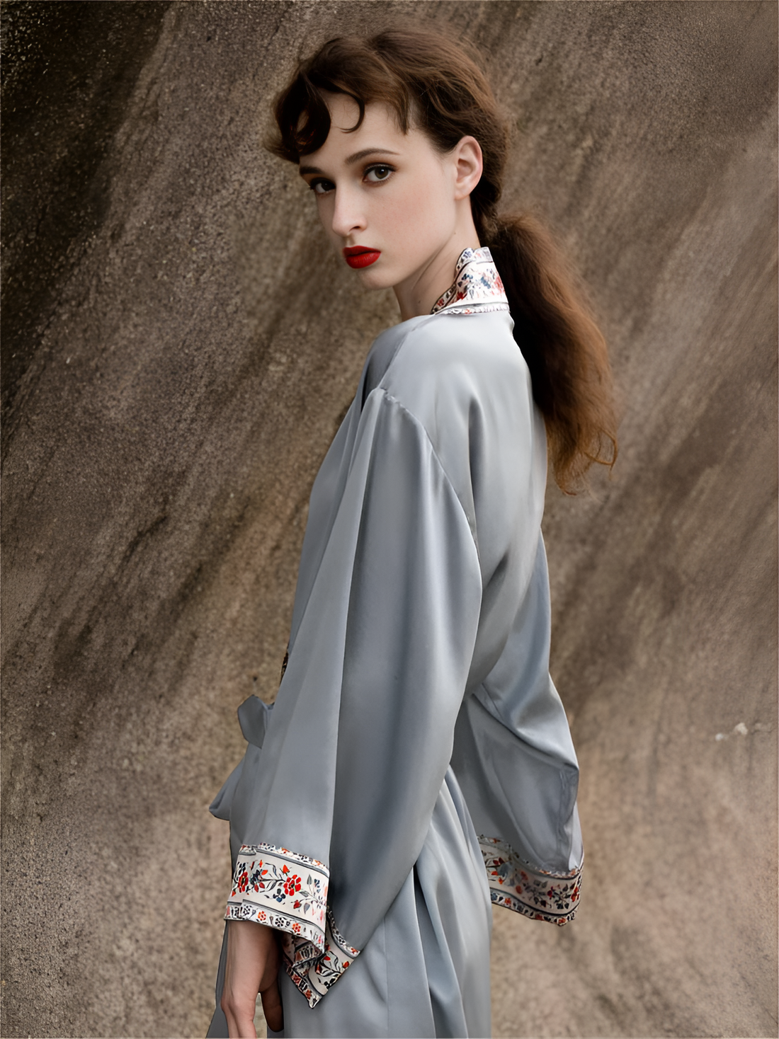Ashen Grace Embroidered Silk Belted Wrap Womens Robe