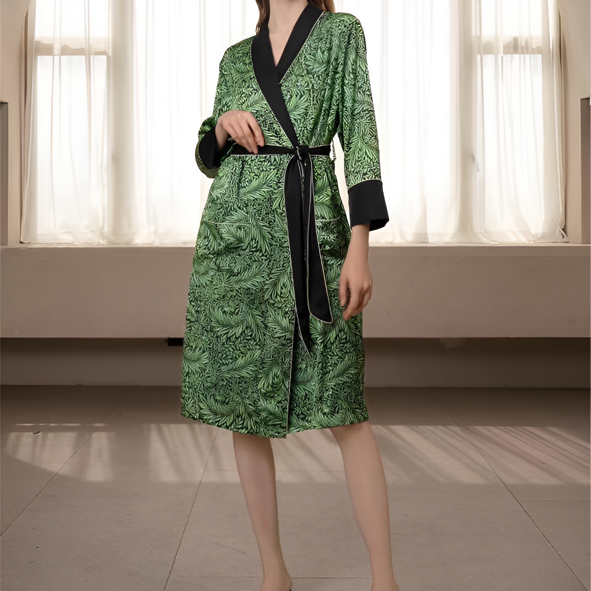 Verdant Serenity Silk Belted Wrap Womens Robe