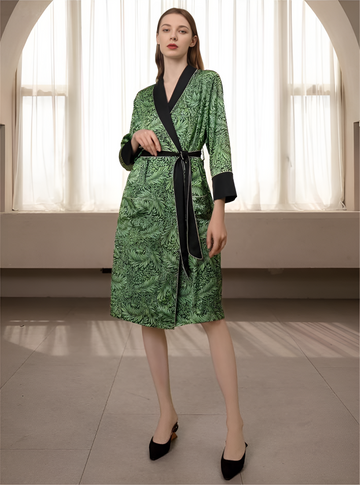 Verdant Serenity Silk Belted Wrap Womens Robe