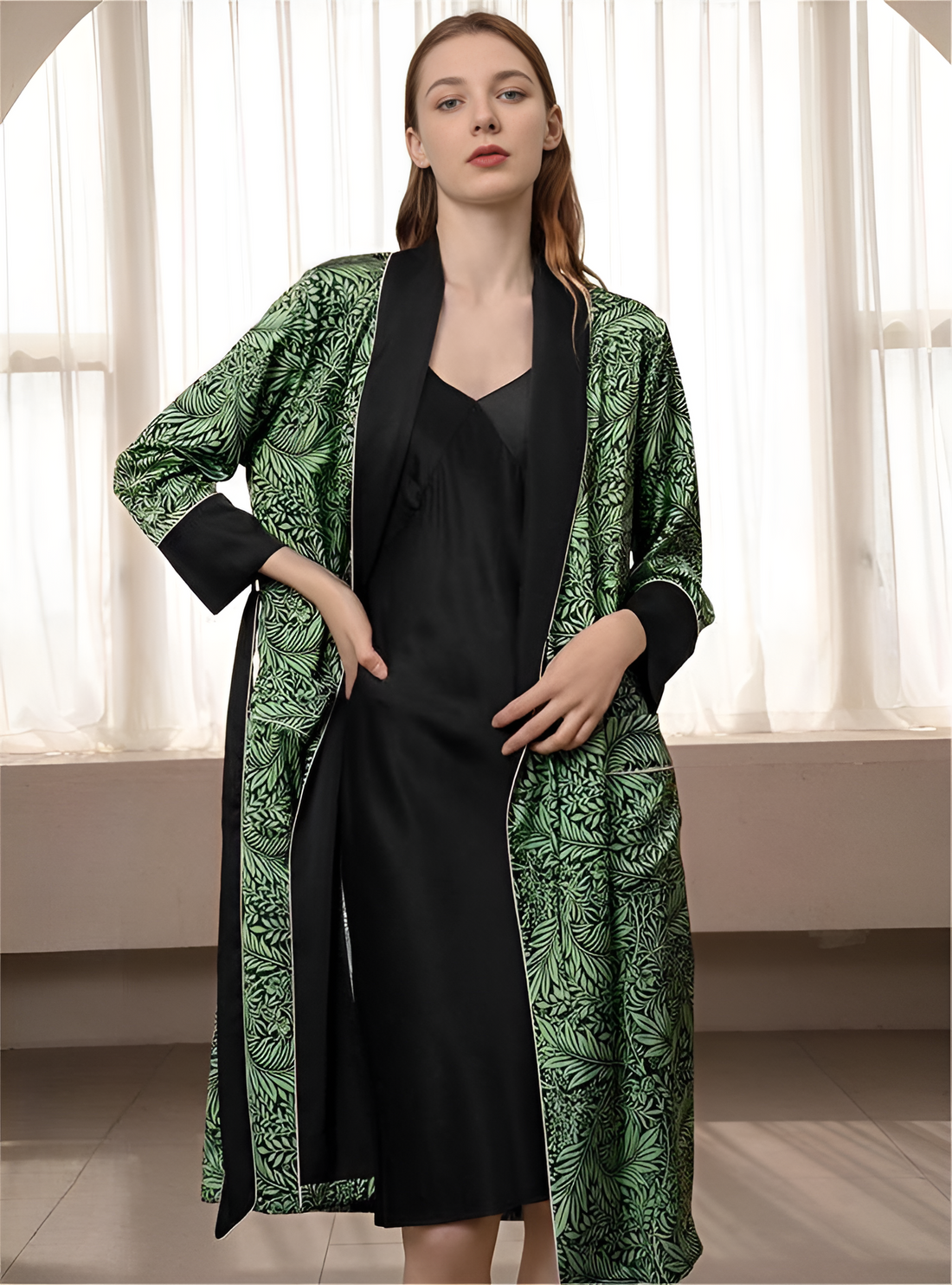 Verdant Serenity Silk Belted Wrap Womens Robe