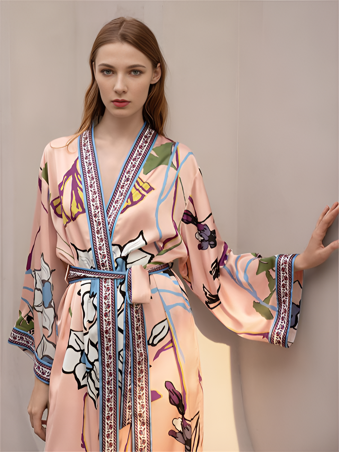 Blossom Reverie Silk Belted Wrap Womens Robe