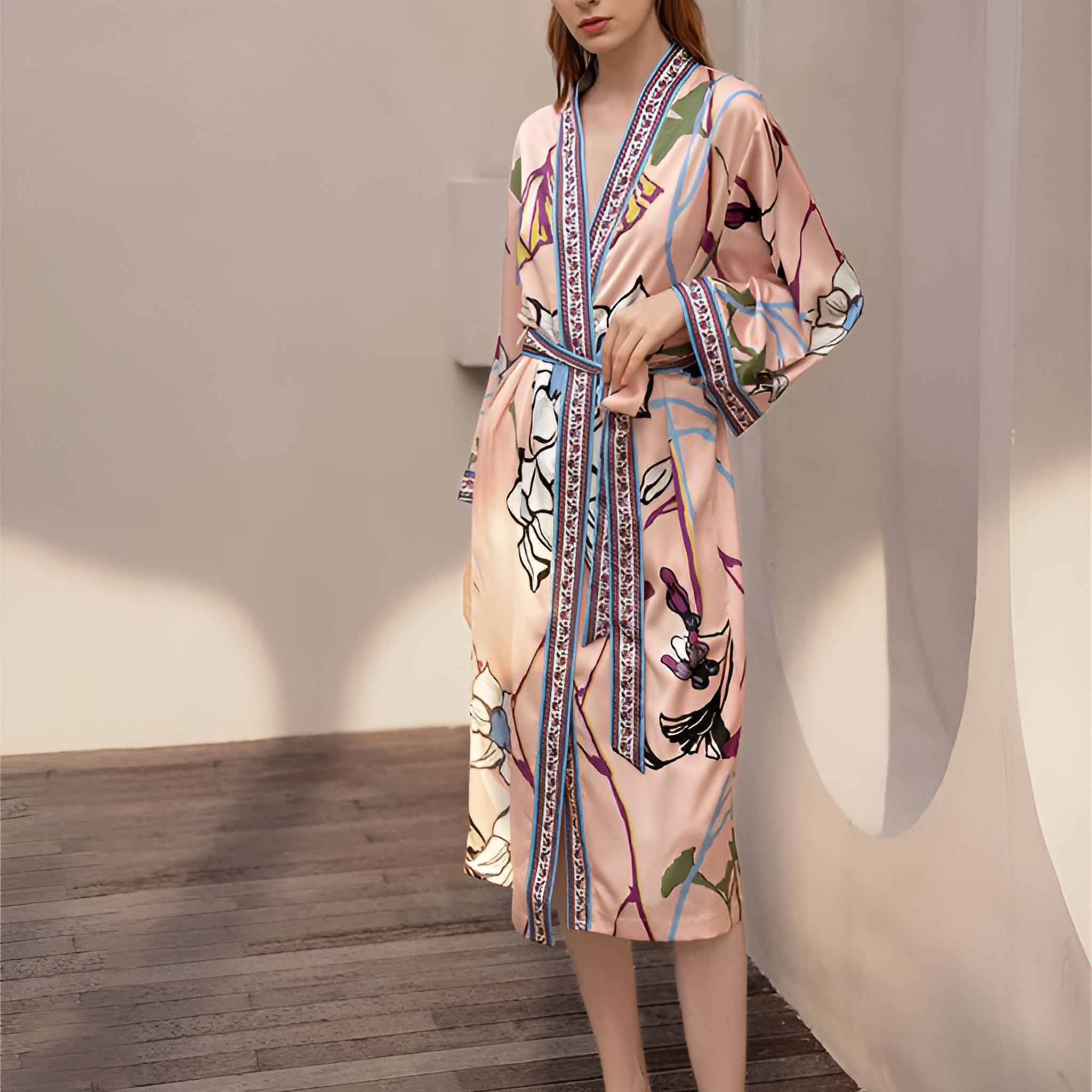 Blossom Reverie Silk Belted Wrap Womens Robe