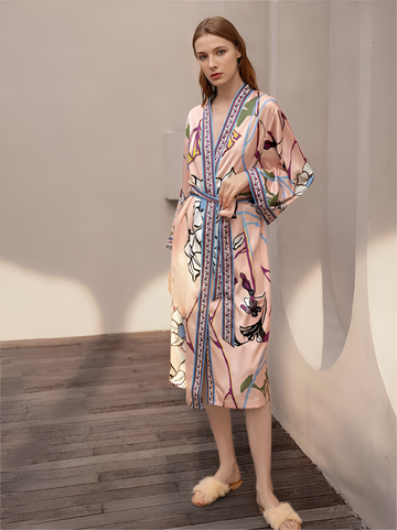 Blossom Reverie Silk Belted Wrap Womens Robe