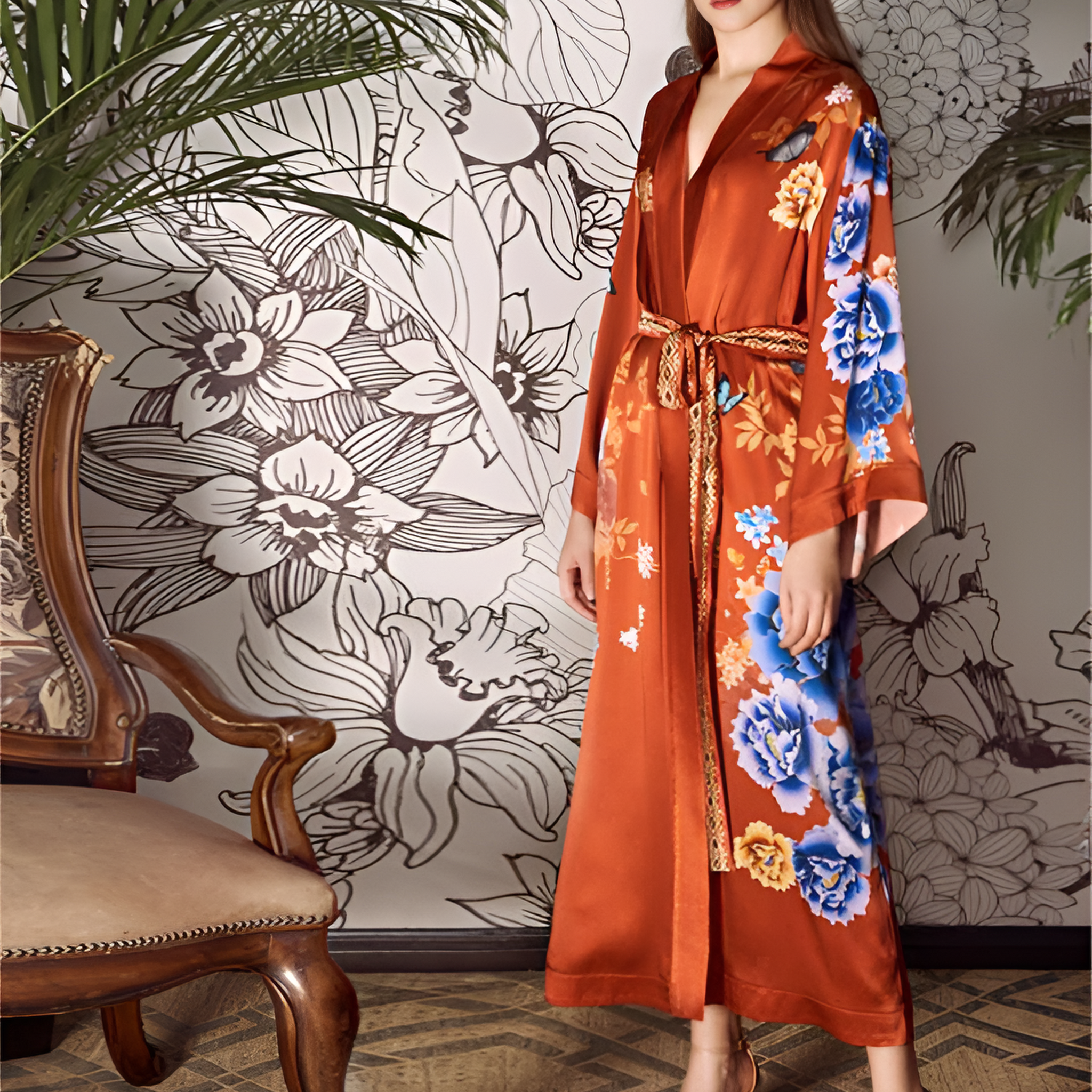 Majestic Bloom Silk Belted Wrap Womens Robe