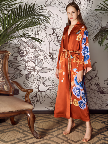 Majestic Bloom Silk Belted Wrap Womens Robe