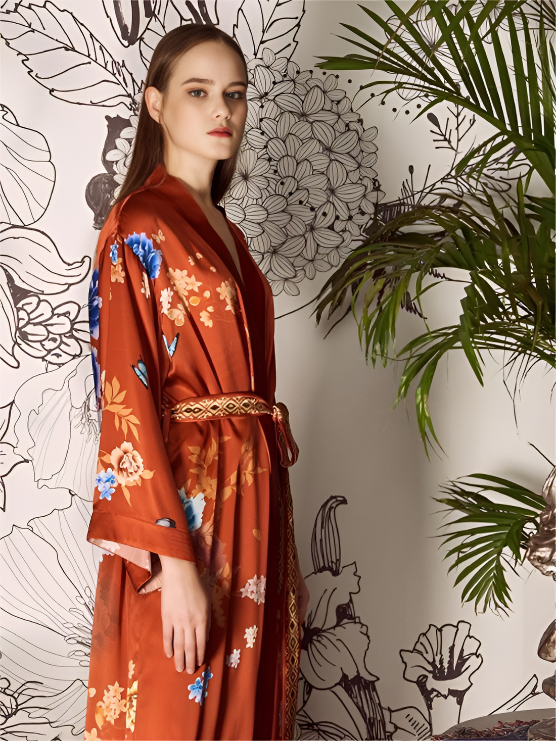 Majestic Bloom Silk Belted Wrap Womens Robe