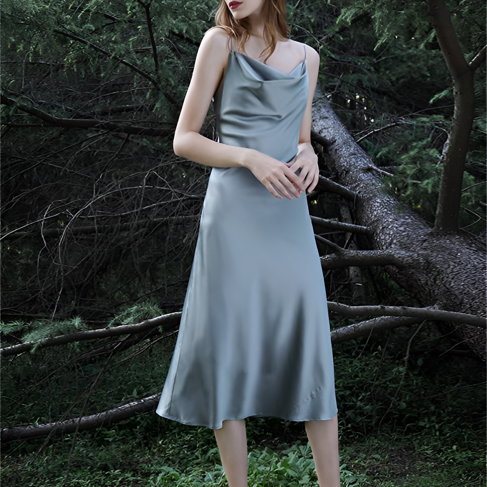 Serene Forest Spaghetti Strap Long Silk Nightgown/Dress