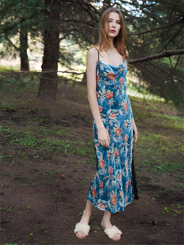Floral Reverie Spaghetti Strap Long Silk Nightgown/Dress