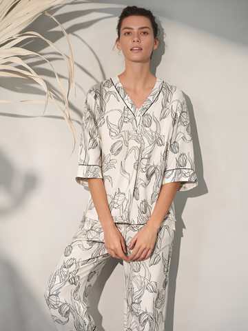 Serene Garden Silk Pajamas Short Pjs 2Pcs