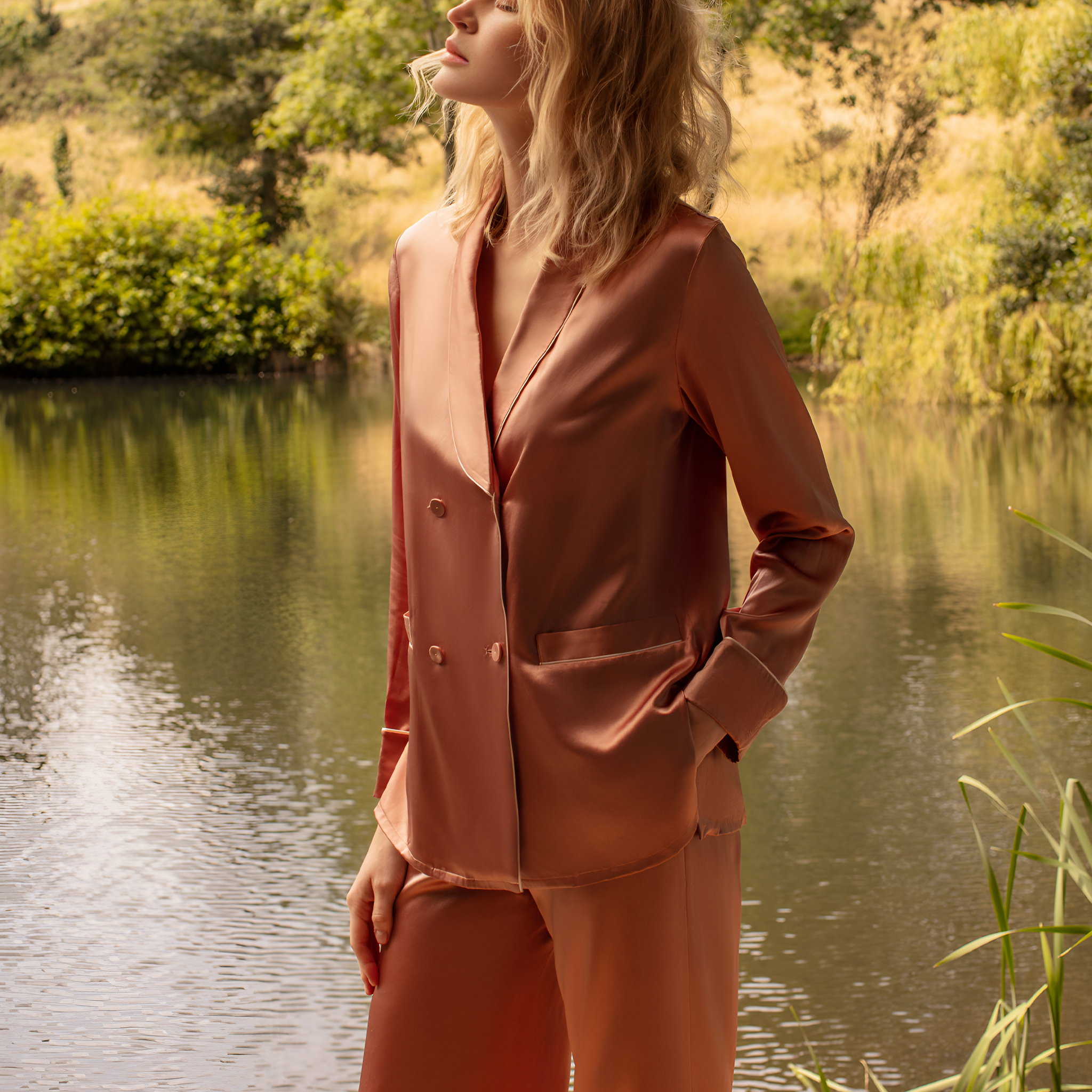 Classic Double-Breasted Silk Pajamas long-sleeved Pjs Set 2pcs