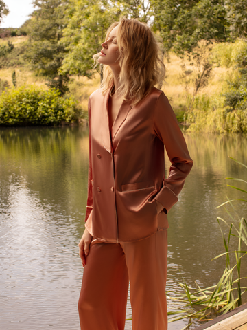 Classic Double-Breasted Silk Pajamas long-sleeved Pjs Set 2pcs