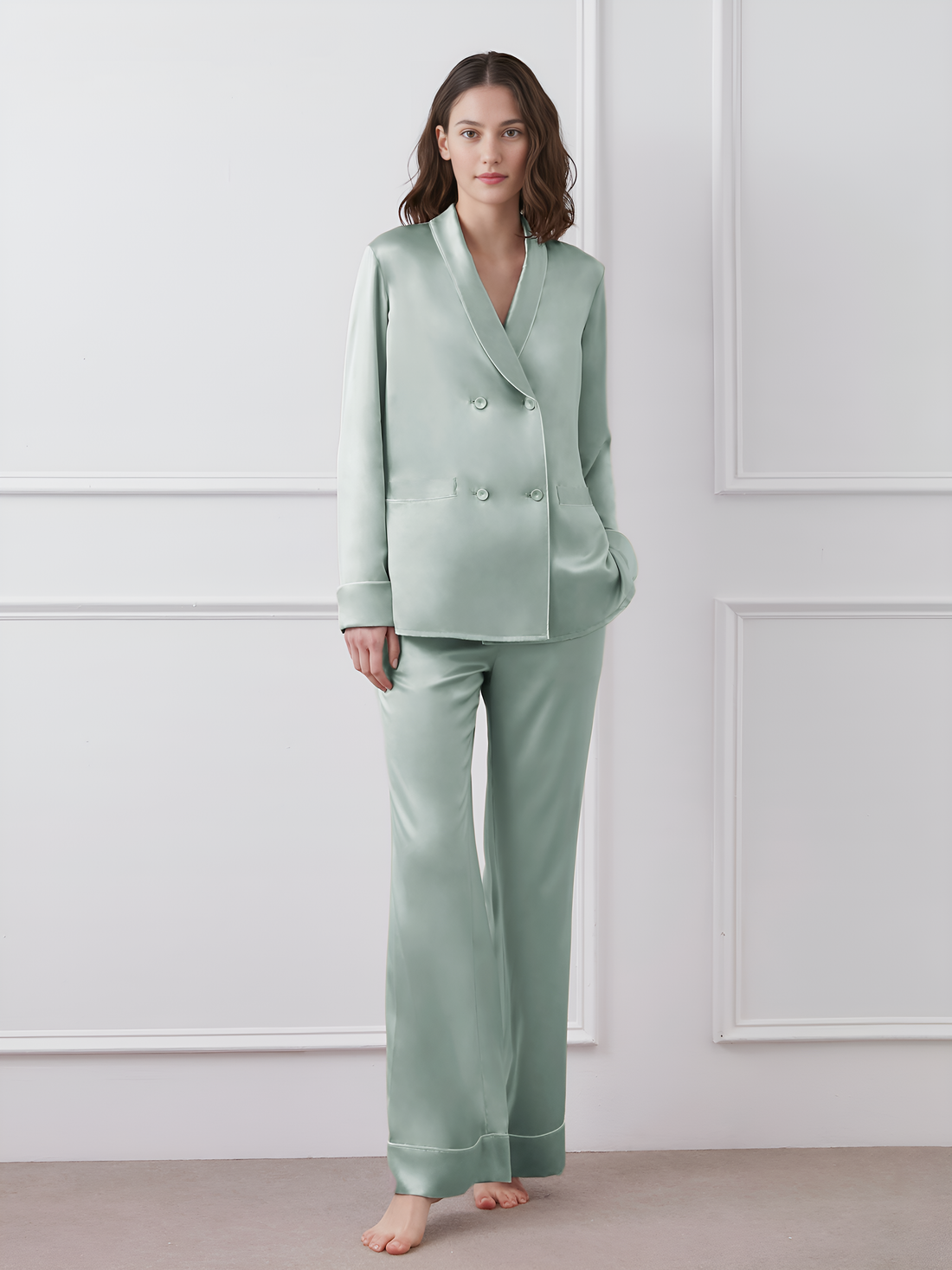 Classic Double-Breasted Silk Pajamas long-sleeved Pjs Set 2pcs